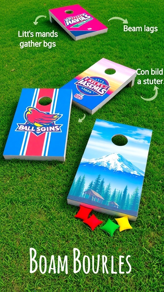 Custom cornhole boards with sports logos and nature designs on a grassy field.
